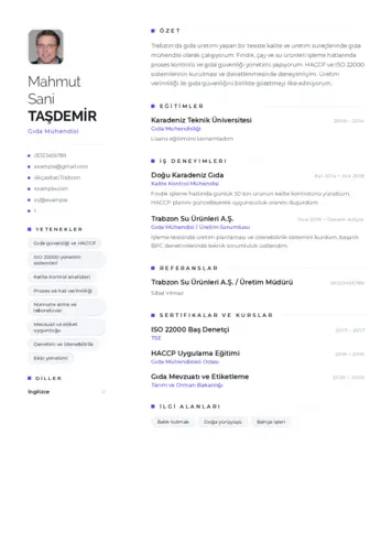 Gıda Mühendisi CV Örnekleri cv indir